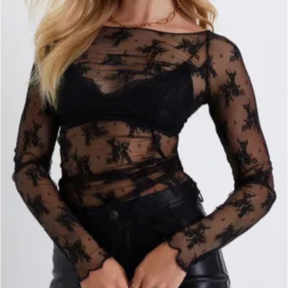 Free People Full Bloom Black Lace Long Sleeve Boat Neck Ruched Layering Top S